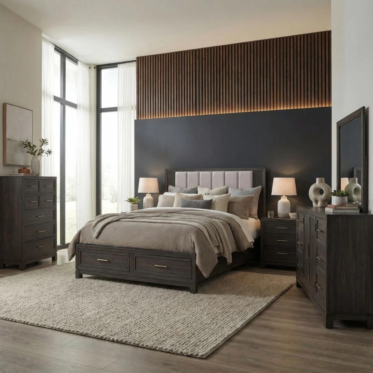 87db943b65b11ea99ea7ce8500b69140 Modern Edge Queen Storage Bed, Dresser & Mirror, Chest, Night Stand - Image 1